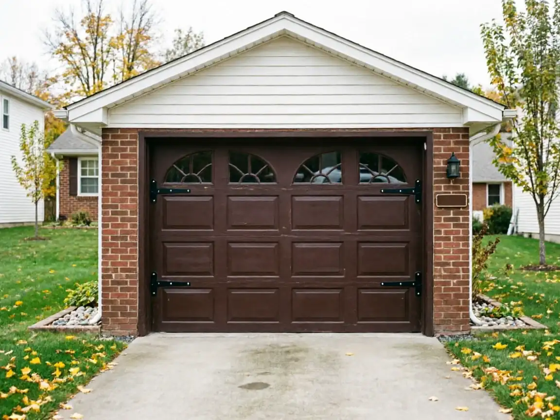 A brown garage door with decorative windows and hardware on a brick house.