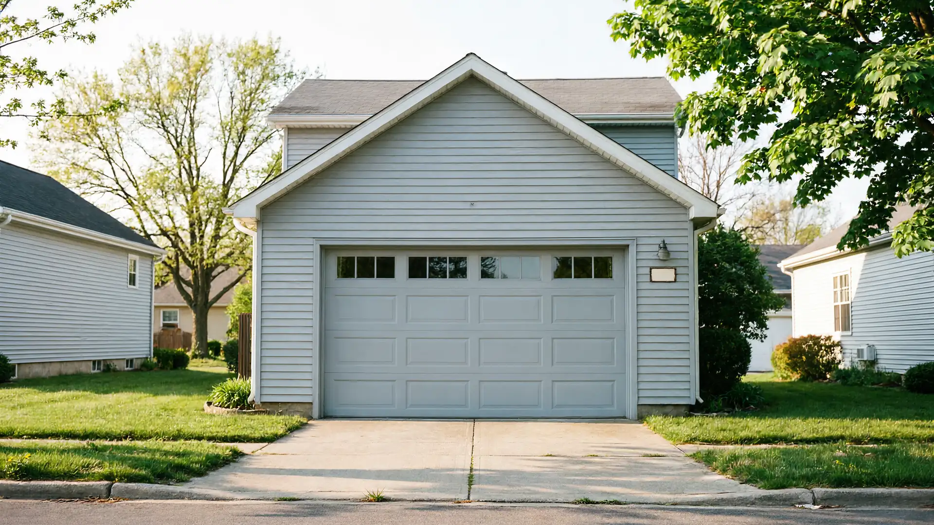 The house has light blue siding, a gray garage door with windows, and a concrete driveway.