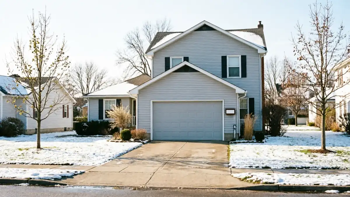 The house has light blue siding, a gray garage door, and a light dusting of snow.