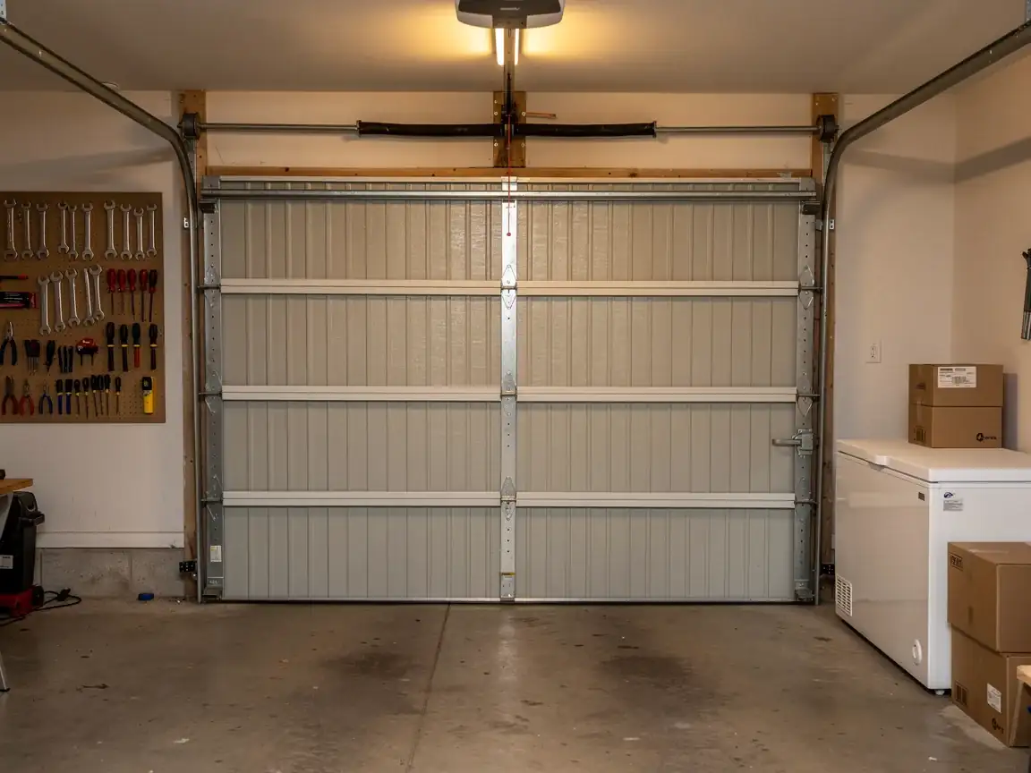 A closed garage door with a torsion spring and opener is visible inside a garage.
