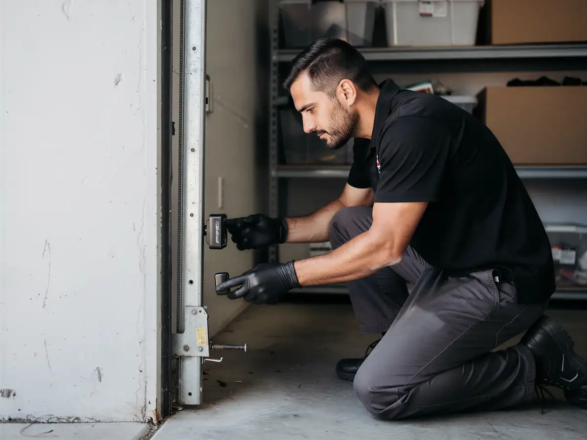 A technician in black gloves is installing a sensor on a garage door track.