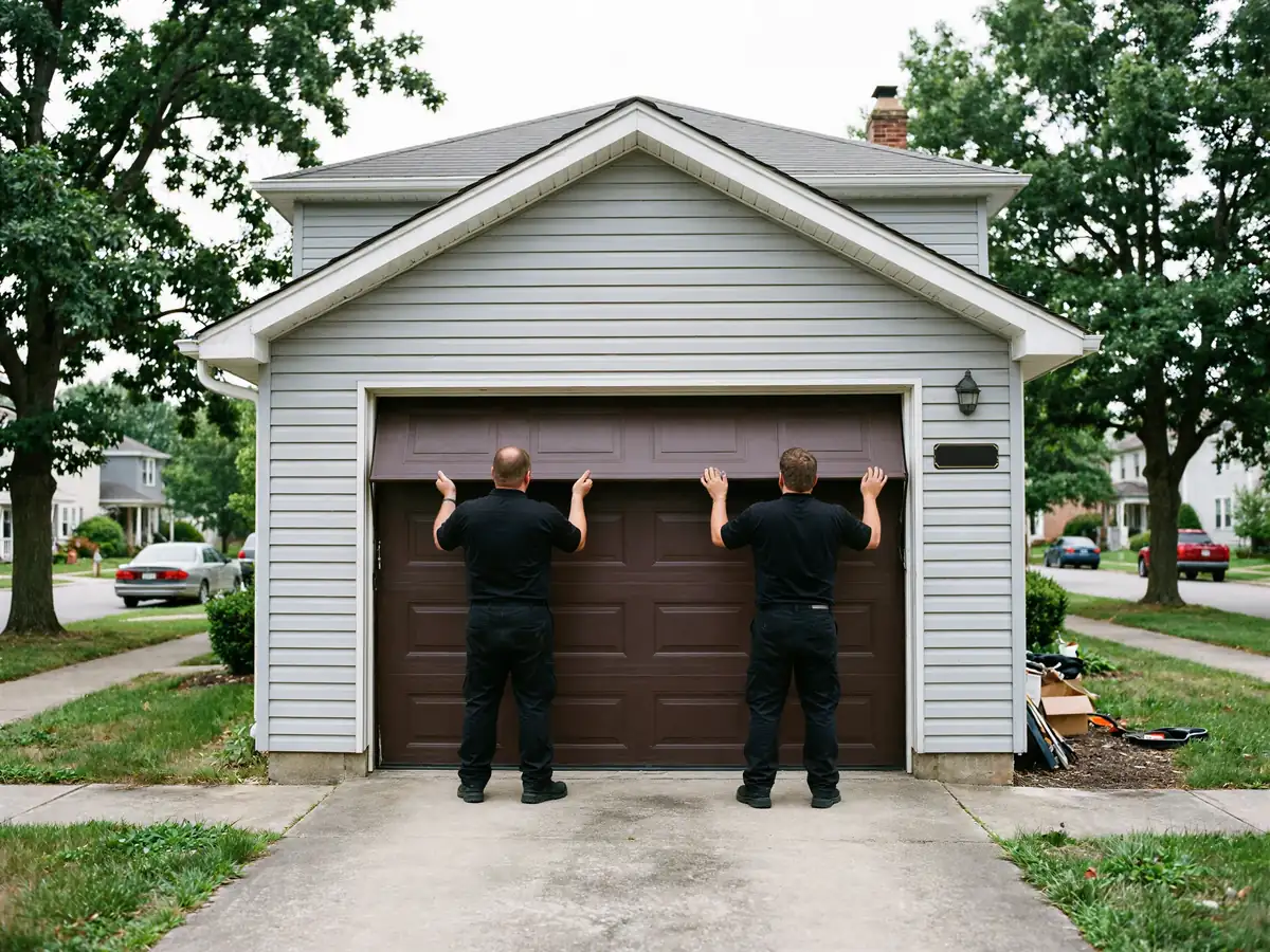 Two technicians are installing a brown garage door on a light gray house.