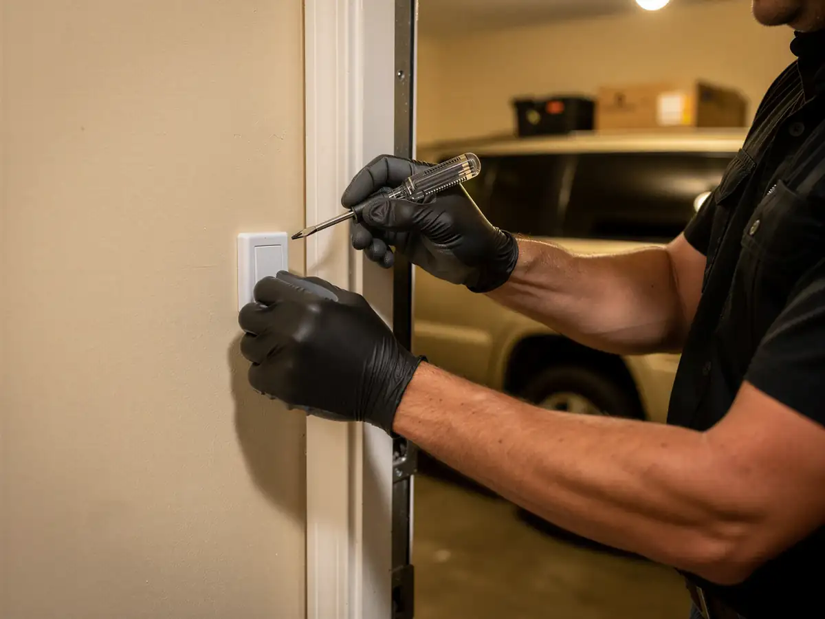A technician in black gloves installs a white garage door opener button on a beige wall.