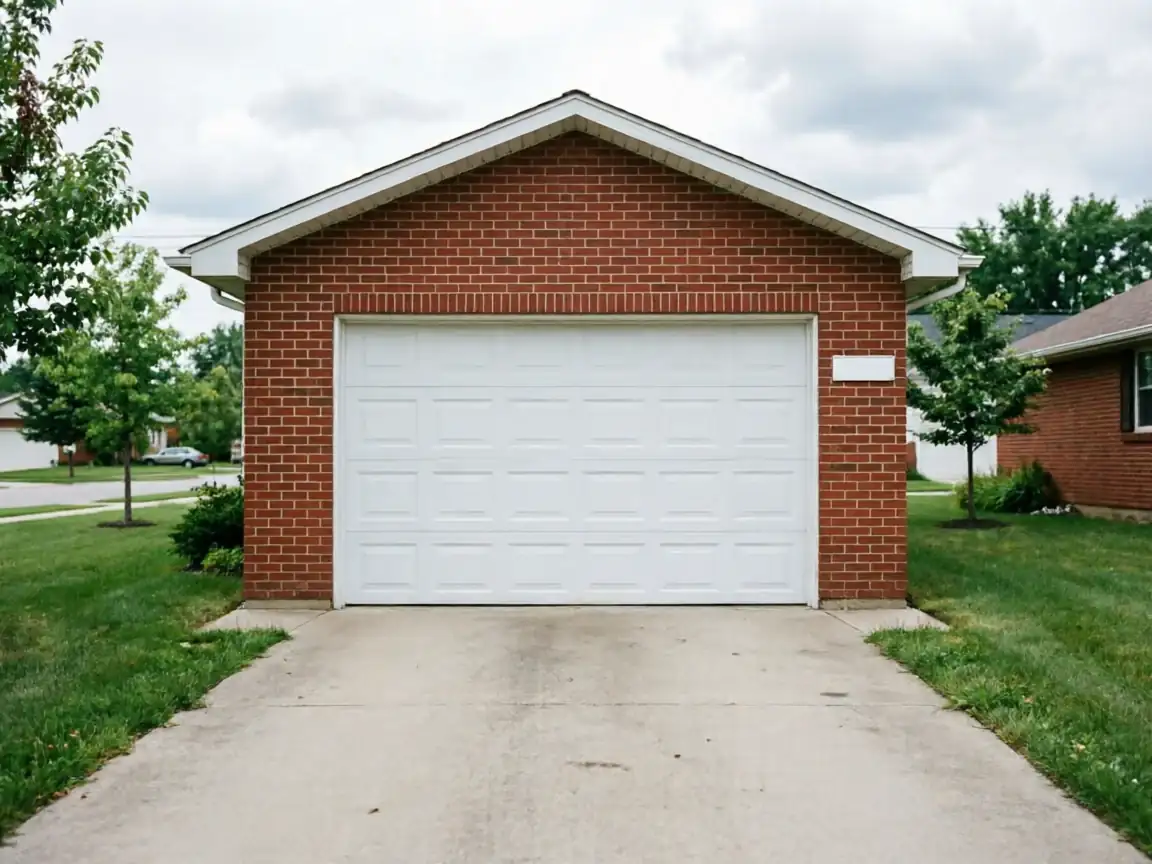 The house has a white garage door and red brick walls.